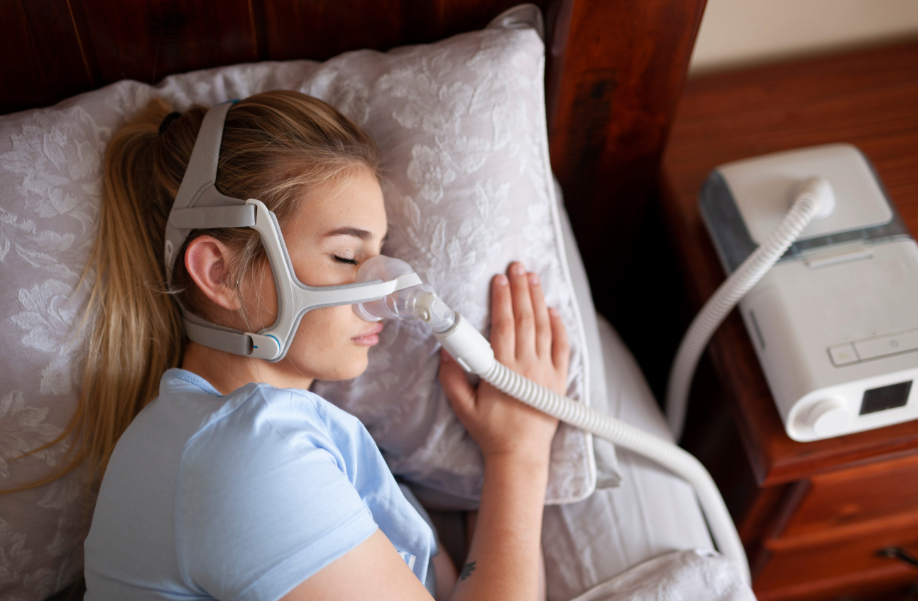 Woman sleeping with CPAP device